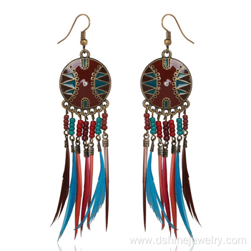 Wholesale Beaded Style Beach Gilded Hoop Feather Earrings